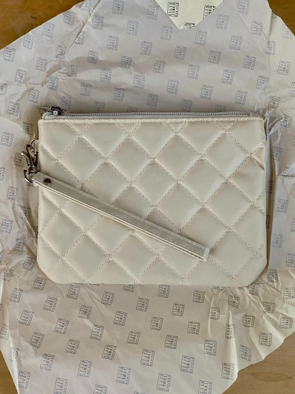 Ellis James Design: Makeup Pouch, Ivory, Quilted, Silver Hardware, New in Box.